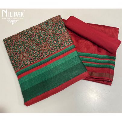 Green and Red Monga Silk Printed Unstitched Suit