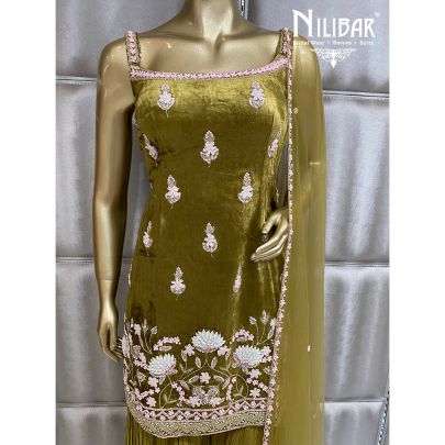 Sheen Green Velvet and Net Palazzo Suit