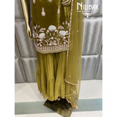 Sheen Green Velvet and Net Palazzo Suit