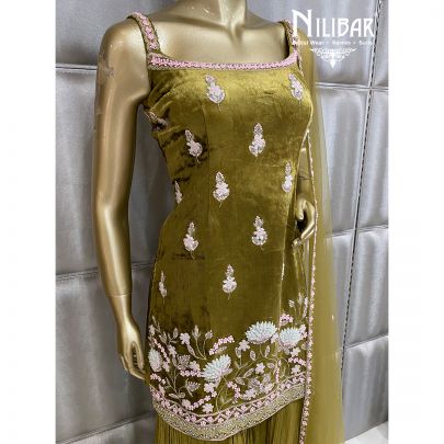 Sheen Green Velvet and Net Palazzo Suit