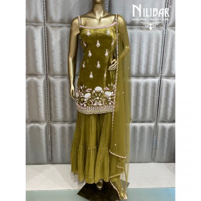 Sheen Green Velvet and Net Palazzo Suit