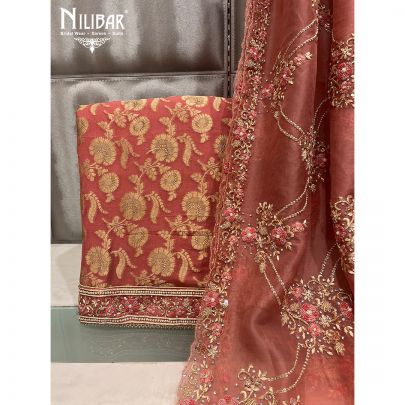 Copper Banarasi Silk and Organza Unstitched Suit