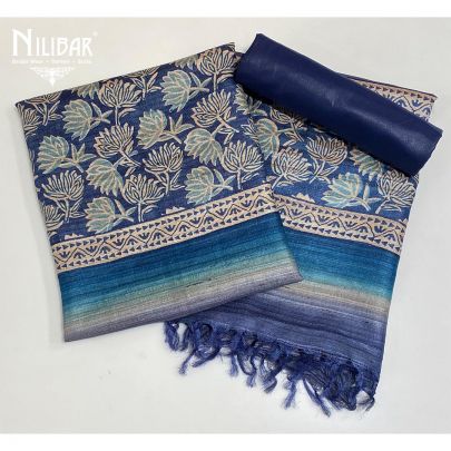 Blue Matka Silk Printed Unstitched Suit