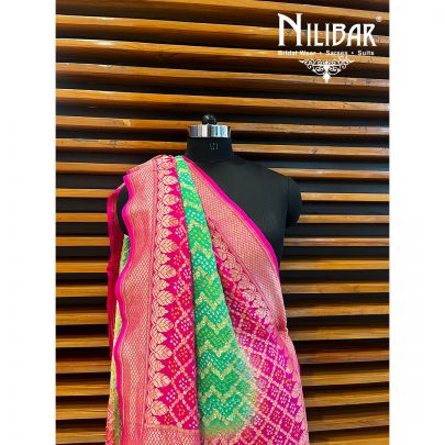 Parrot Green and Hot Pink Georgette Bandhani Print Dupatta.
