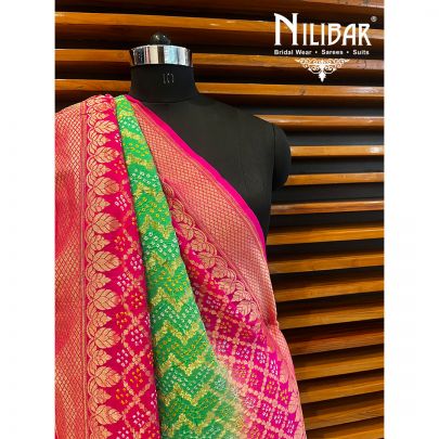 Parrot Green and Hot Pink Georgette Bandhani Print Dupatta.