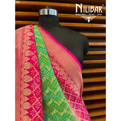 Parrot Green and Hot Pink Georgette Bandhani Print Dupatta.
