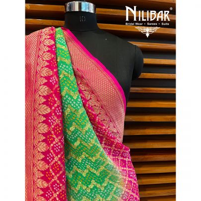Parrot Green and Hot Pink Georgette Bandhani Print Dupatta.