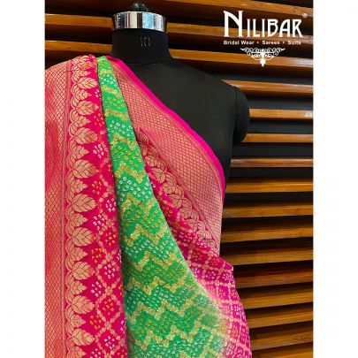 Parrot Green and Hot Pink Georgette Bandhani Print Dupatta.