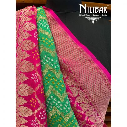 Parrot Green and Hot Pink Georgette Bandhani Print Dupatta.