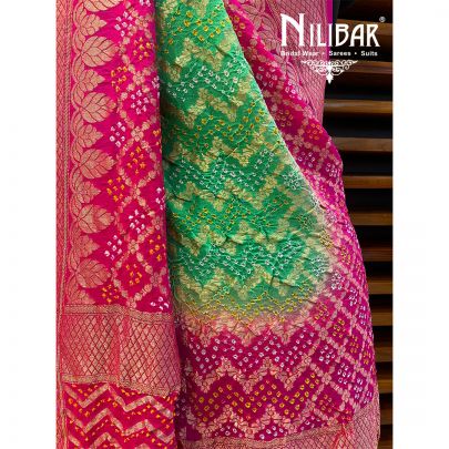 Parrot Green and Hot Pink Georgette Bandhani Print Dupatta.