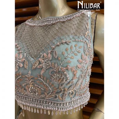Powder Blue and Pink Net Reception Lehenga