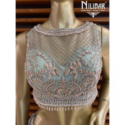 Powder Blue and Pink Net Reception Lehenga