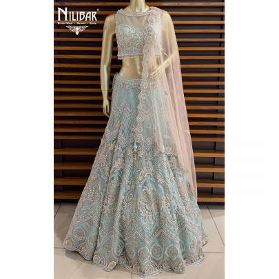 Powder Blue and Pink Net Reception Lehenga