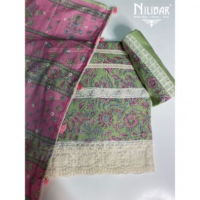 Green Cotton Printed Unstitched Suit