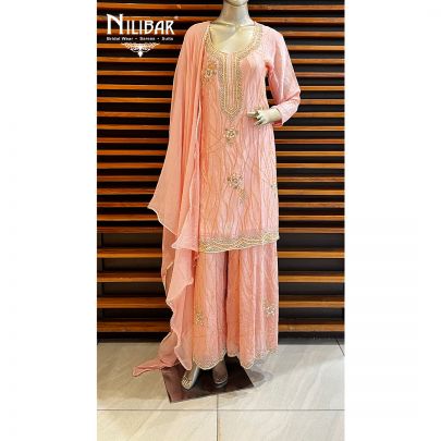 Peach Chinon and Chiffon Palazzo Suit Set
