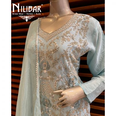 Baby Blue Chinon and Chiffon Palazzo Suit Set