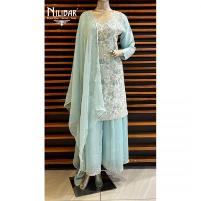 Baby Blue Chinon and Chiffon Palazzo Suit Set