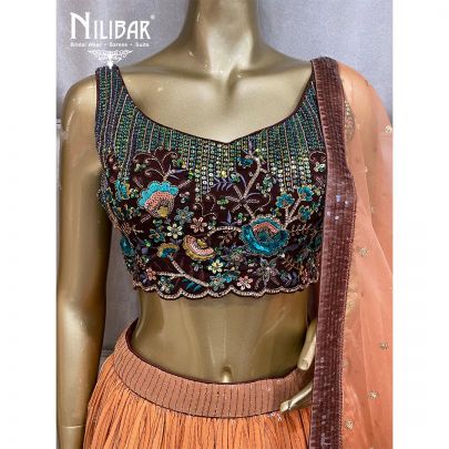 Chest Nut Brown Georgette and Organza Lehenga