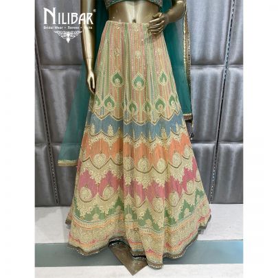 Cream Yellow and Emerald Green Georgette and Net Lehenga