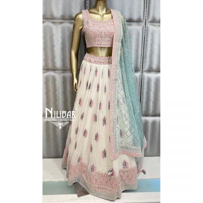 White and Rose Pink Georgette and Net Lehenga