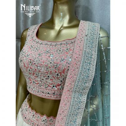 White and Rose Pink Georgette and Net Lehenga