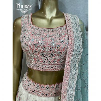 White and Rose Pink Georgette and Net Lehenga