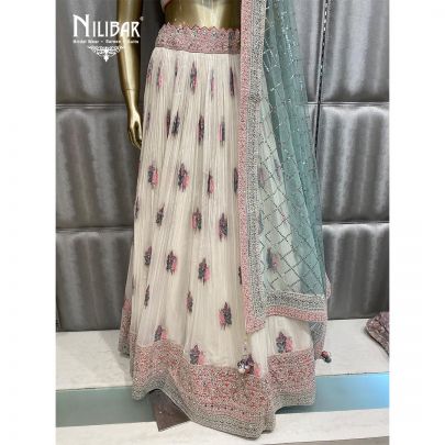 White and Rose Pink Georgette and Net Lehenga