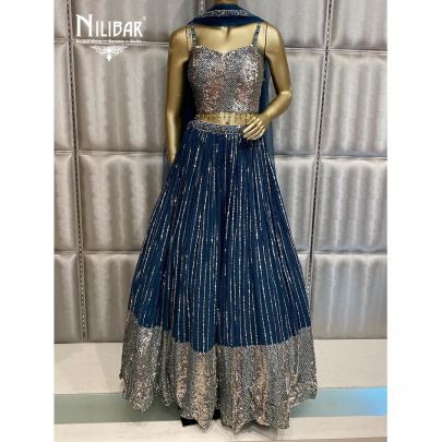 Spruce Blue Georgette and Net Lehenga