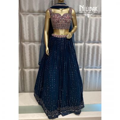 Agean Blue and Mauve Georgette and Net Lehenga
