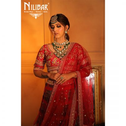 mehroon Silk and Chinon Bridal  Lehenga