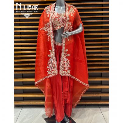 Orange Silk Top Paired With  Satin Bottom & Organza Cape Indo-Western Set