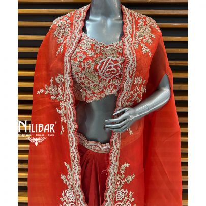 Orange Silk Top Paired With  Satin Bottom & Organza Cape Indo-Western Set