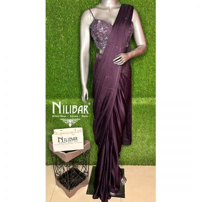 Wine Satin Drape Saree