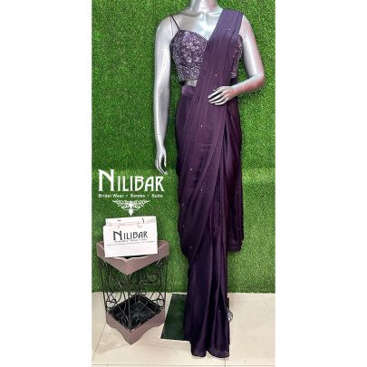 Wine Satin Drape Saree