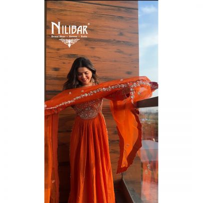 Neha Bhandari in Our Orange Silk Anarkali Suit