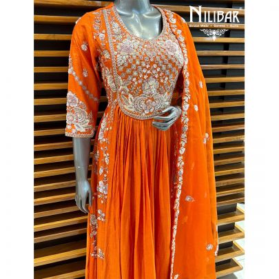 Neha Bhandari in Our Orange Silk Anarkali Suit
