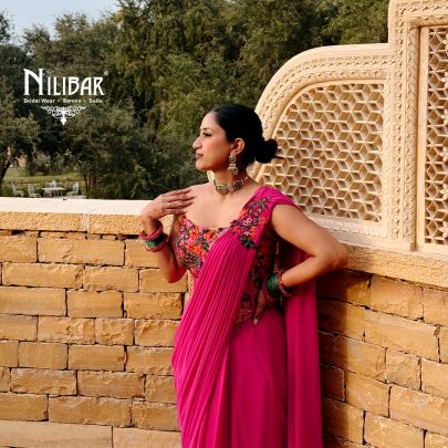 Hot Pink Silk Corset Blouse Paired With Lycra Drape Saree