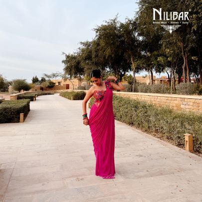 Hot Pink Silk Corset Blouse Paired With Lycra Drape Saree