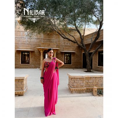 Hot Pink Silk Corset Blouse Paired With Lycra Drape Saree