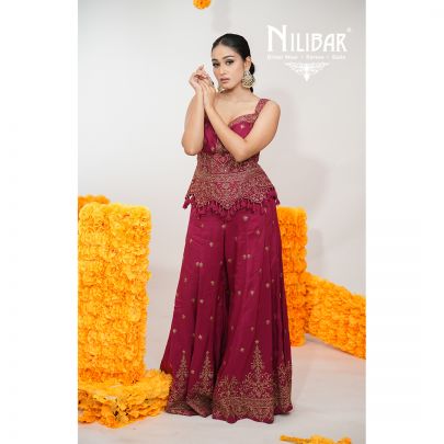 Dark Rose Pink Silk Crop Top With Palazzo