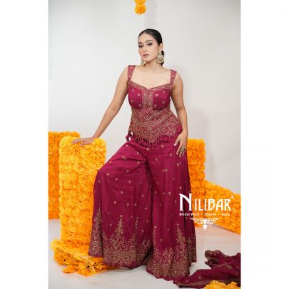 Dark Rose Pink Silk Crop Top With Palazzo