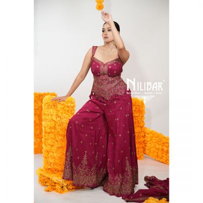 Dark Rose Pink Silk Crop Top With Palazzo