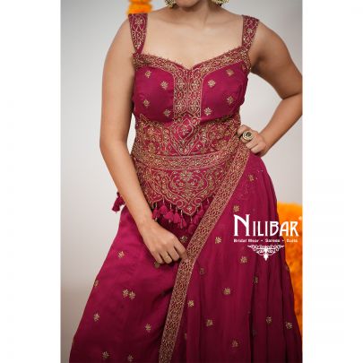Dark Rose Pink Silk Crop Top With Palazzo