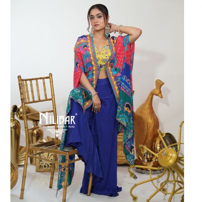 Multicolor Crepe Printed Three Piece Cape Set
