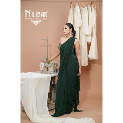 Bottle Green Lycra Drape Saree