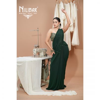 Bottle Green Lycra Drape Saree
