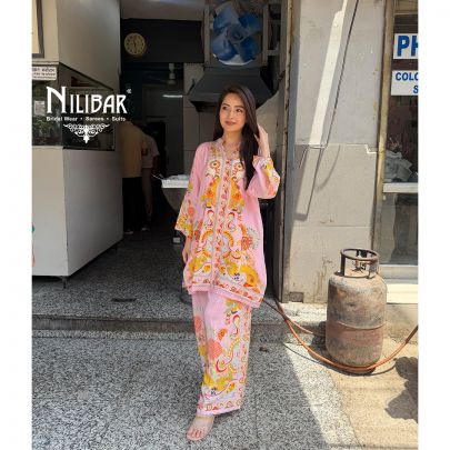 Blush Pink Muslin Cotton Printed Top Paired With Pants