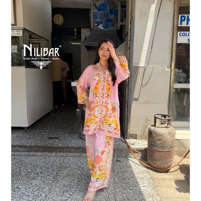 Blush Pink Muslin Cotton Printed Top Paired With Pants