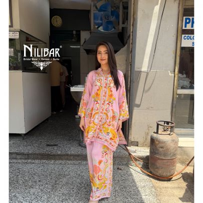 Blush Pink Muslin Cotton Printed Top Paired With Pants