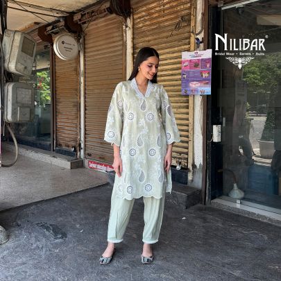 Mint Green Cotton Chikankari Shirt Paired With Straight Salwar